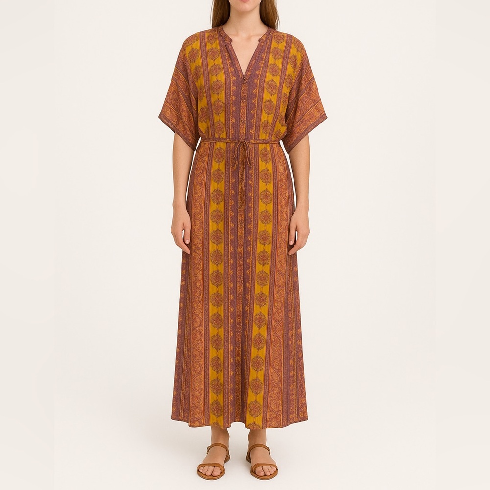 Elan caftan style dress V neck, dolman sleeves, tassel tie detail size Large